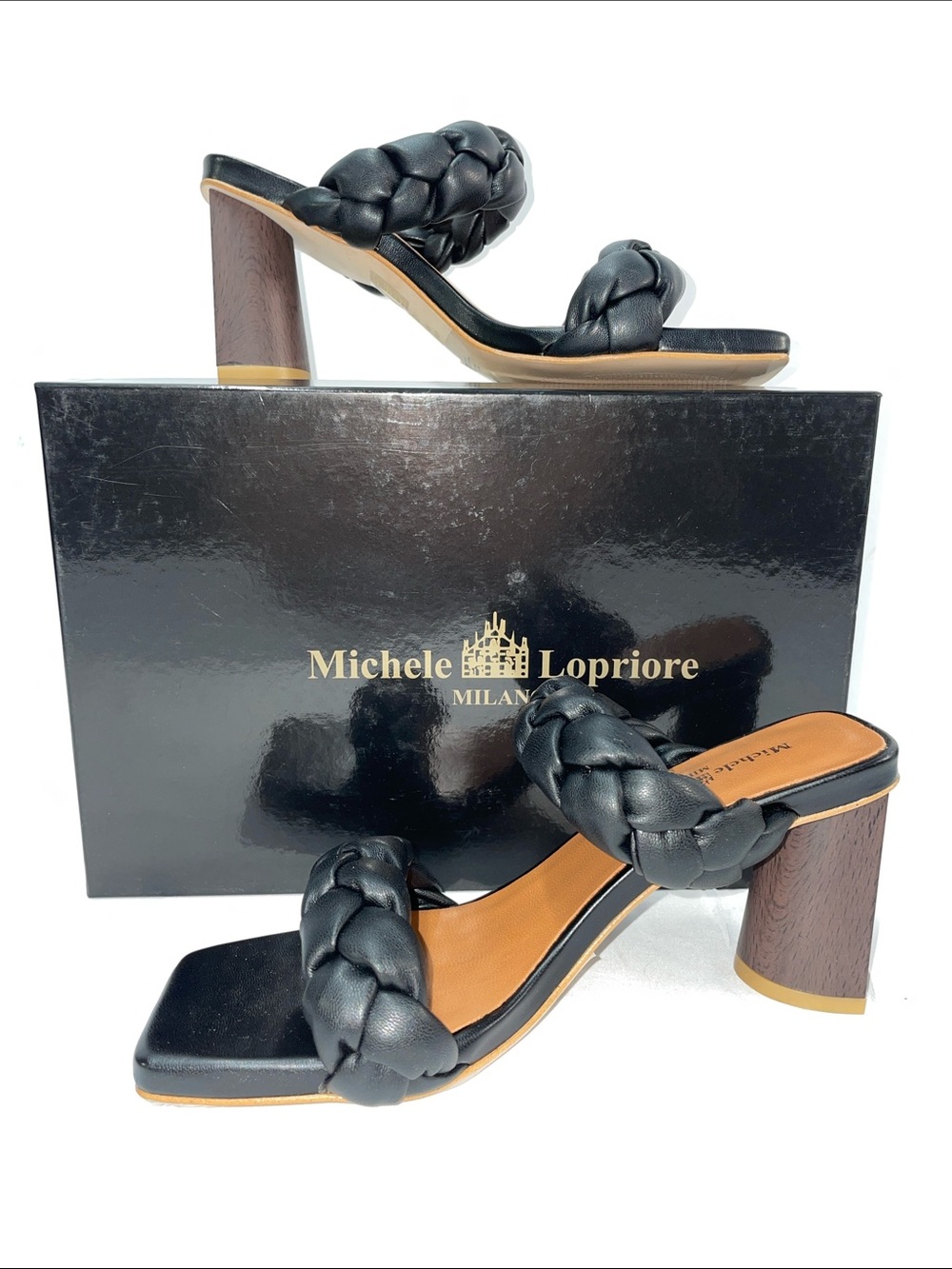 MICHELE LOPRIORE MILANO BLACK BRAIDED CHUNKY BLOCK HEELS FTL-06-024